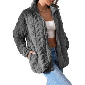Women's Grey Fleece Jacket 2026 Zipper Stand Collar Casual Coats with Pocket